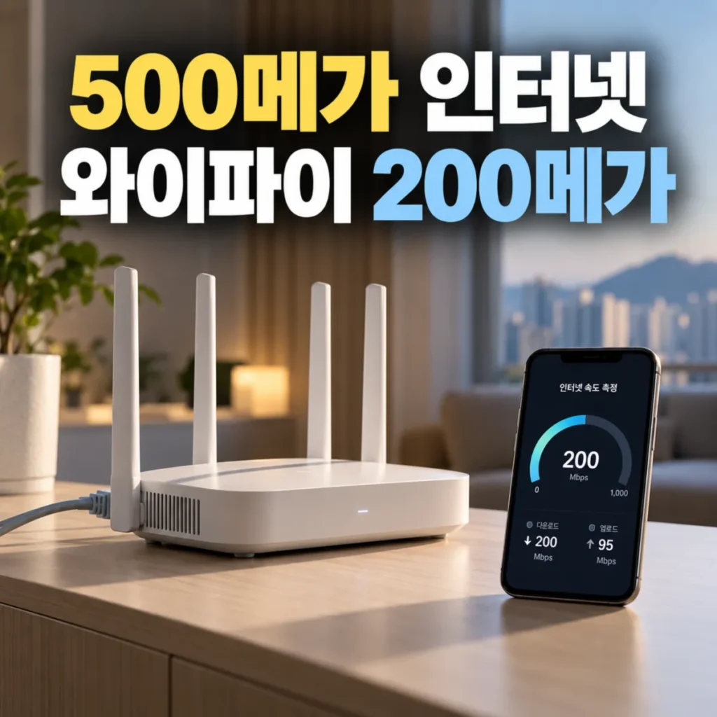 500메가 인터넷과 200메가 와이파이 속도 차이를 비교한 이미지로, 유선 연결된 무선 공유기 옆 스마트폰 화면에 다운로드 속도 200Mbps가 표시된 모습