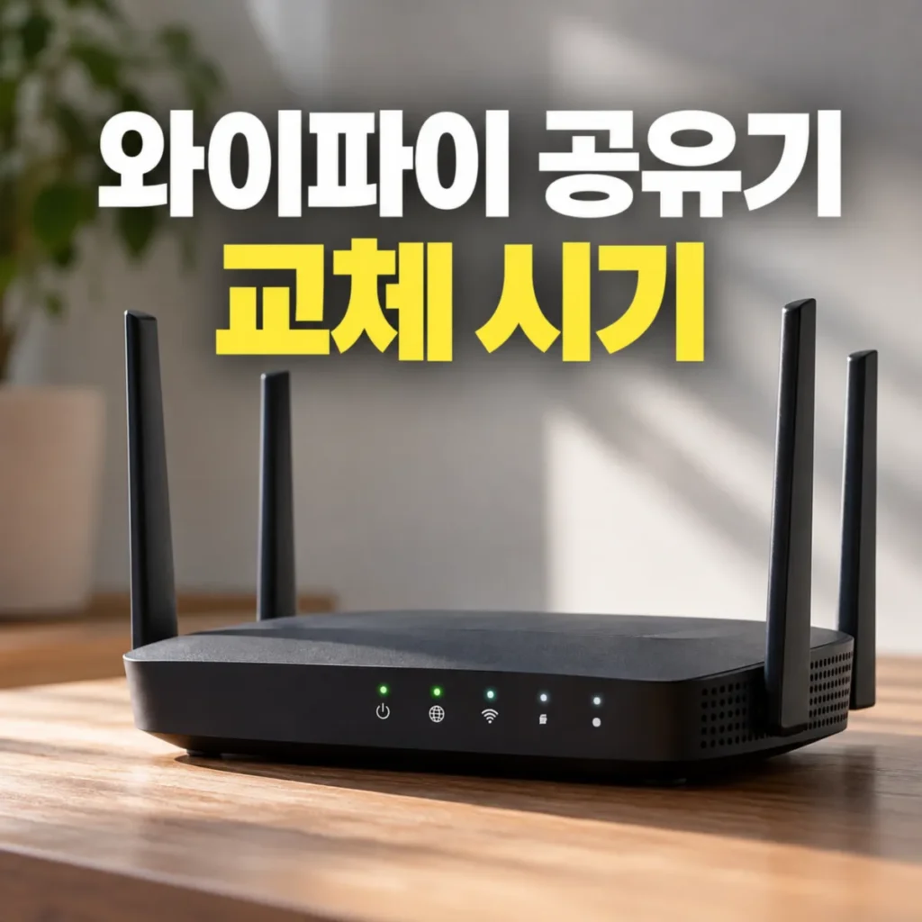 와이파이 공유기 교체 시기를 안내하는 이미지로, 원목 테이블 위에 상태 표시등이 켜진 검은색 무선 공유기와 ‘와이파이 공유기 교체 시기’라는 문구가 표시된 모습