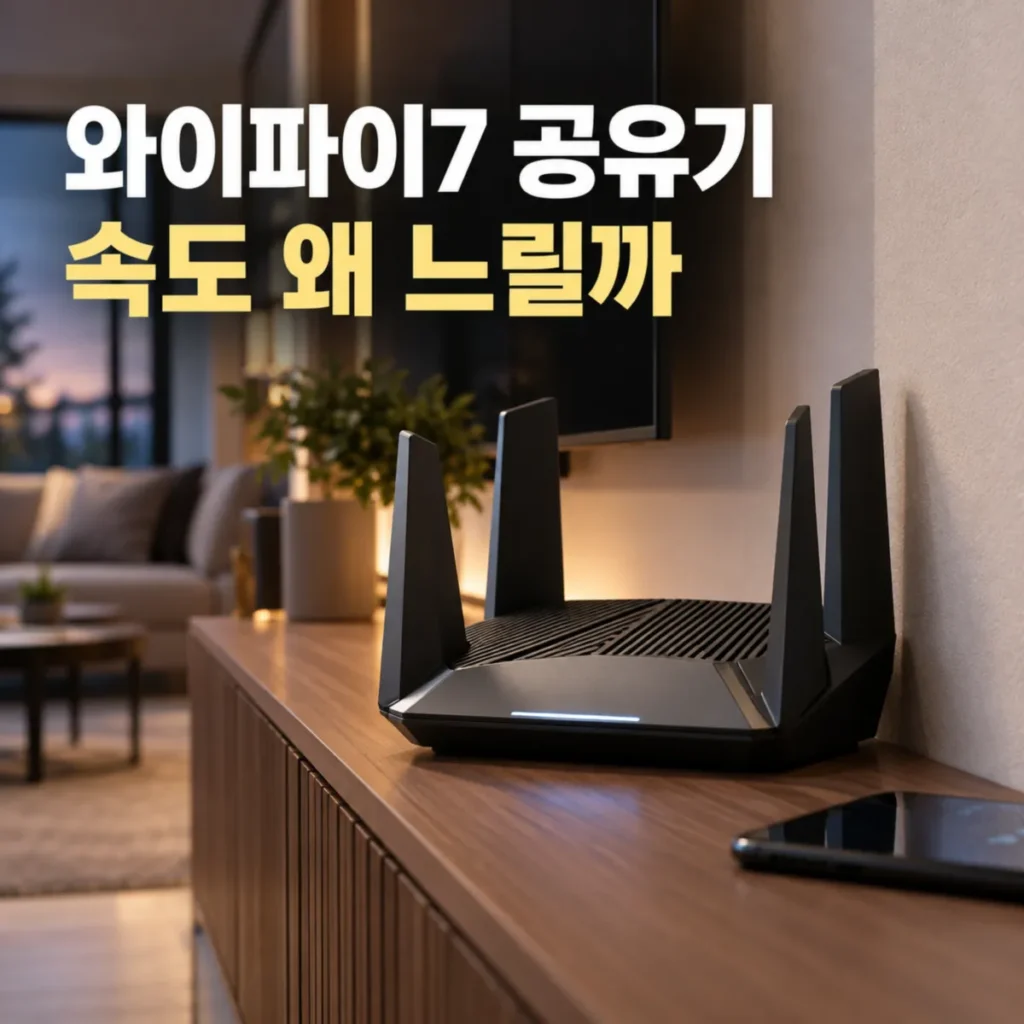 거실 벽면 가까운 원목 선반에 설치된 검은색 Wi-Fi 7 공유기와 와이파이7 속도 저하 원인을 설명하는 이미지