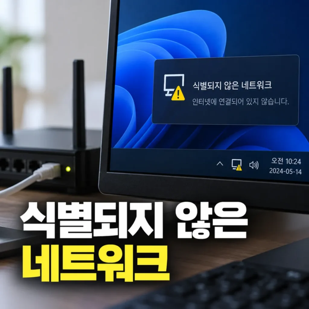 윈도우 11 PC 화면에 식별되지 않은 네트워크와 인터넷 연결 오류 메시지가 표시되고, 옆에 유선랜 케이블이 연결된 공유기가 놓인 모습