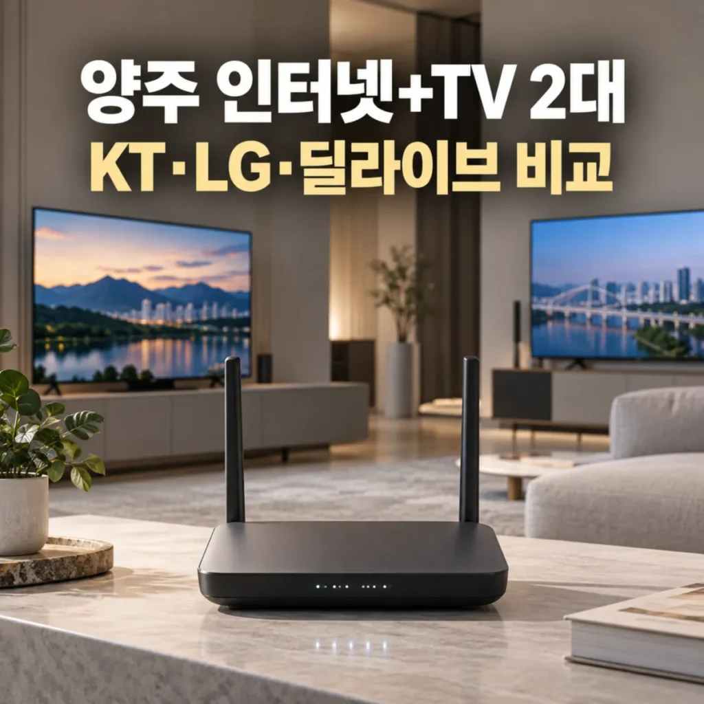 경기 양주시 인터넷 TV 2대 가입 비교 이미지, 거실에 설치된 TV 2대와 와이파이 공유기를 배경으로 KT·LG유플러스·딜라이브의 월요금·설치비·사은품 비교 안내